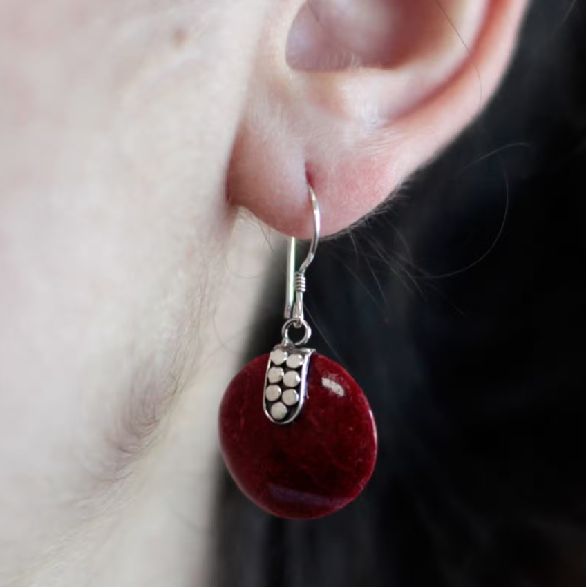 Red Coral 925 Silver Earrings – Circle