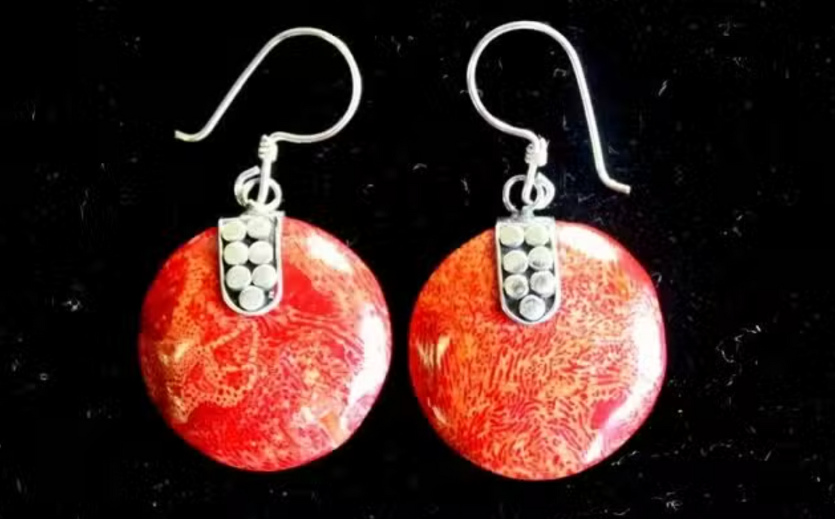 Red Coral 925 Silver Earrings – Circle