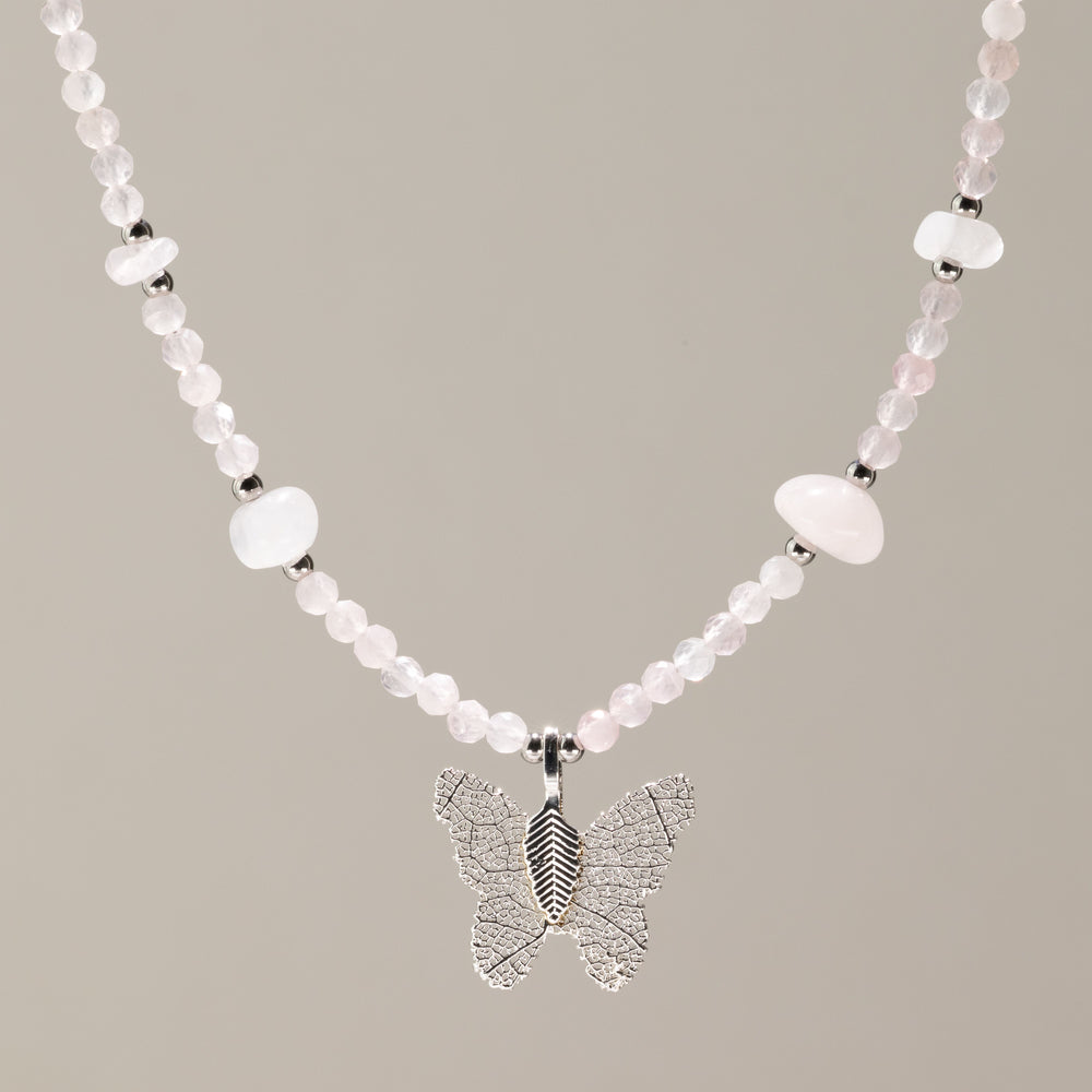Nymph Rose Quartz Gemstone Necklace with Real Leaf Butterfly Pendant