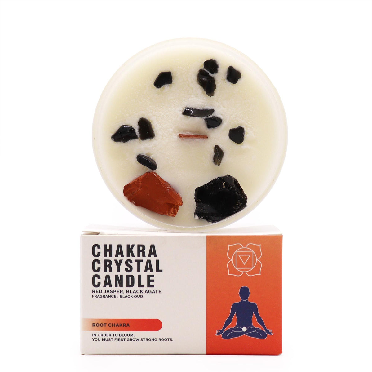 Root Chakra crystal candle with Red Jasper and Black Agate