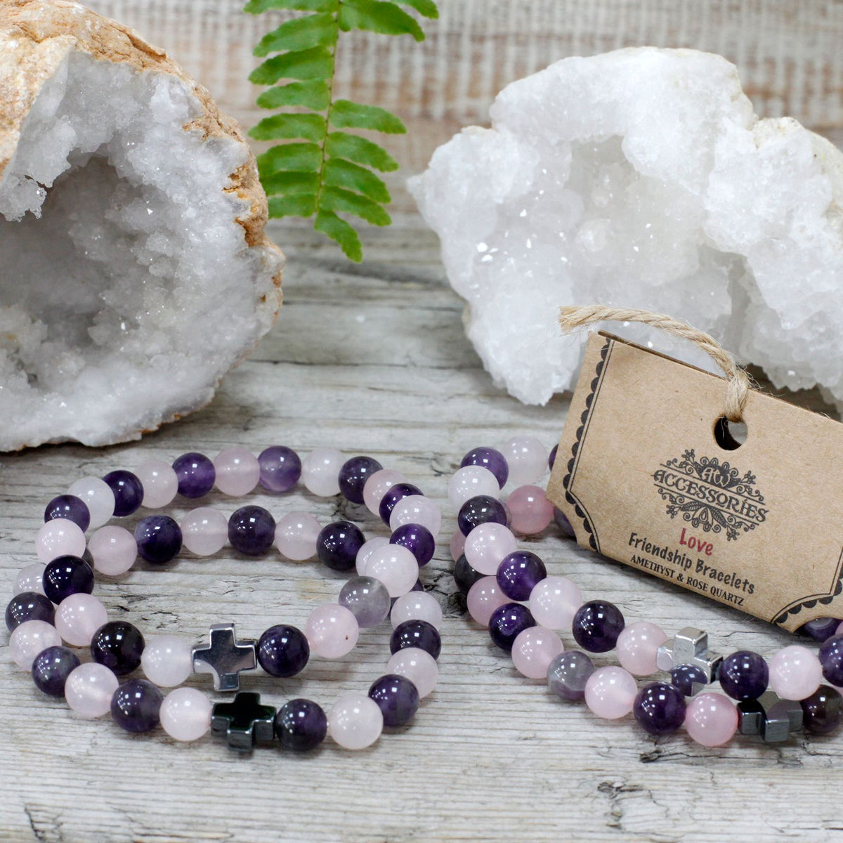 Set of 2 Gemstones Friendship Bracelets – Love – Amethyst & Rose Quartz