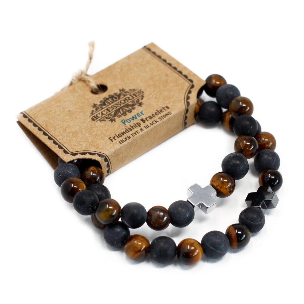 Set of 2 Gemstones Friendship Bracelets – Power – Tiger Eye & Black Stone