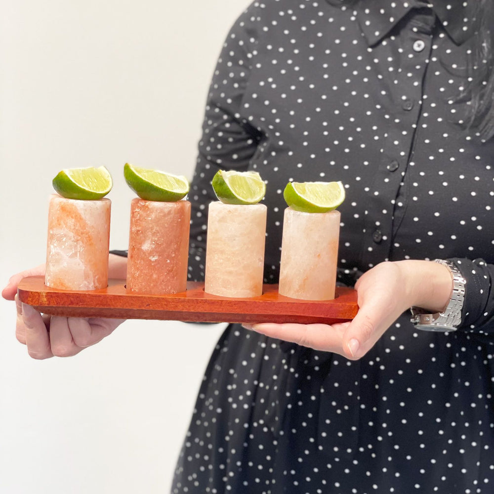 Himalayan Salt Shot Glasses & Wood Serving Tray